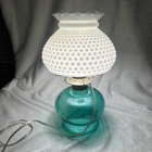 White Milk Glass Hurricane Table Lamp Emerald Green Vintage 13”