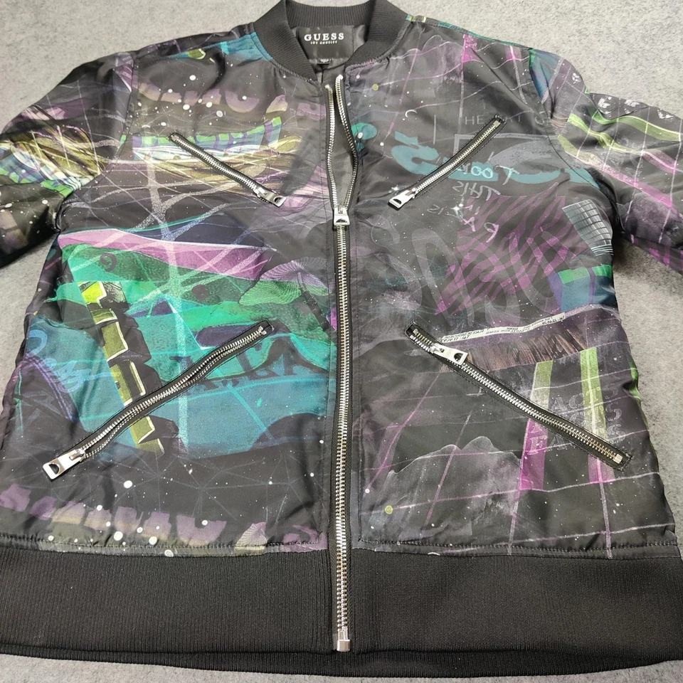 Guess Ken Carson Chaos Jacket Men Large Black Bomber Graffiti Zip Pocket Lace Up - Image 2 of 4