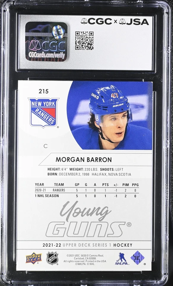 2021-22 UPPER DECK YOUNG GUNS #215 MORGAN BARRON SIGNED ROOKIE CARD CGC JSA AU/9 - Image 2 of 2