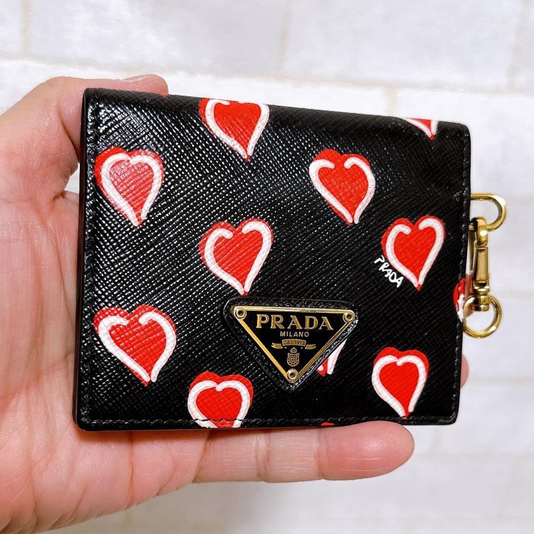 Prada Leather Card Case Black Heart Motif Logo Plate Compact