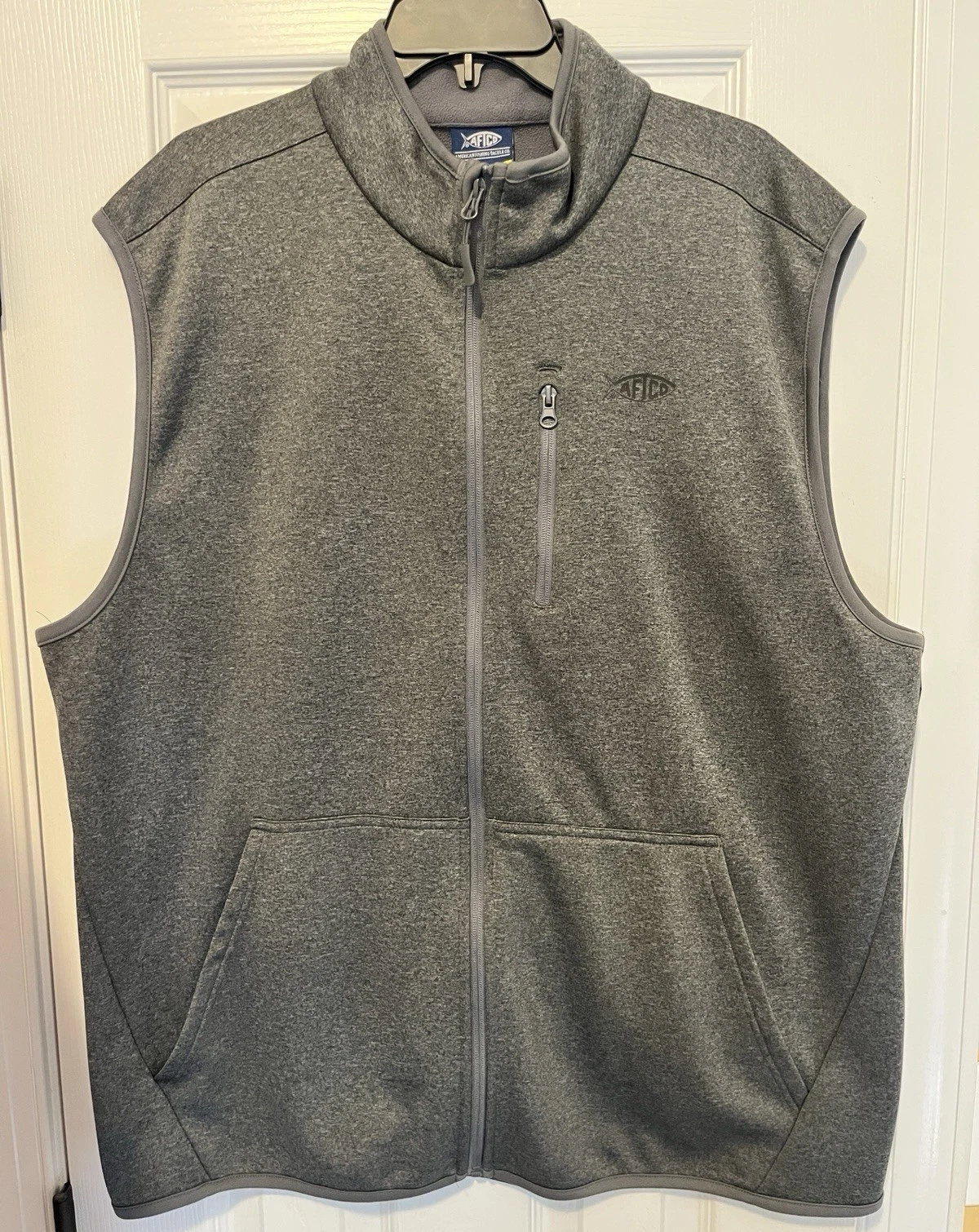 AFTCO Men's Gray Full Zip Fleece Vest Pockets Stand Collar Logo XXL