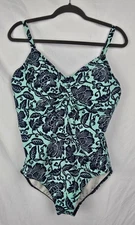 Land' End Navy Floral Green Ruched Underwire Padded 1pc Modest Swimsuit sz 16 DD