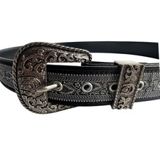 Men's Black Western Belt Silver Tone Ornate Horseshoe Buckle Size 42 Mexico