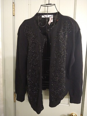 Liz Claiborne Collection VTG Black Beaded Sweater Cardigan Merino Wool NWT