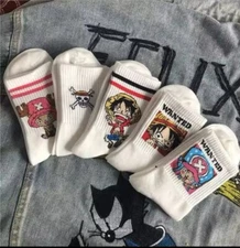 5Pair Anime One Piece Socks Cartoon Luffy Chopper Student Cotton White Long Shor