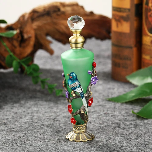 Vintage Enamel Bird Emerald Green Perfume Bottle Essential Oil Bottle Reusable- - Picture 1 of 16
