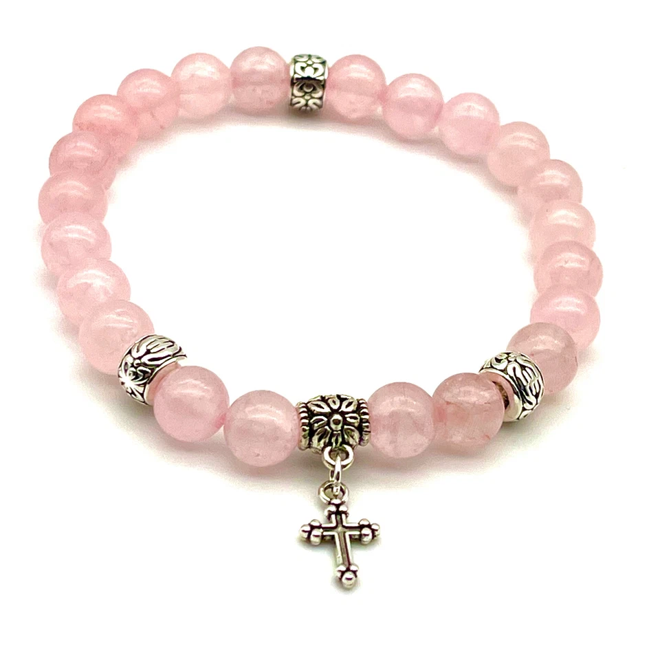 Pulsera hecha a mano con cruz de plata tibetana y cuarzo rosa de 8 mm con piedras preciosas Foto 2 de 4