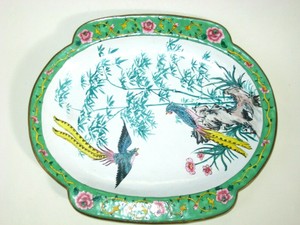 Chinese Canton Enamel Tray Plate Famille Verte w/ Pheasants Birds Oval Handled