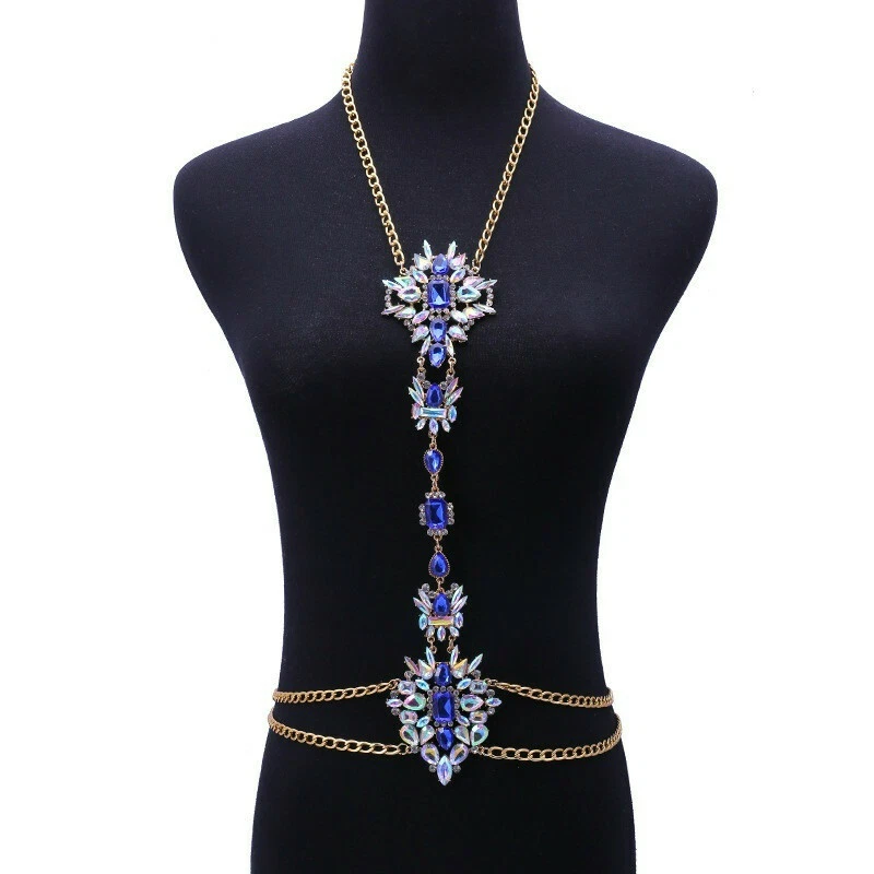 Women Lady Harness Belly Waist Body Chain Rhinestone Gem Bikini Necklace Jewelry - Image 3 of 4