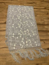 Moda Light Blue Floral Fringe Womens Long Scarf One Size 100%  Viscosa ~ EUC