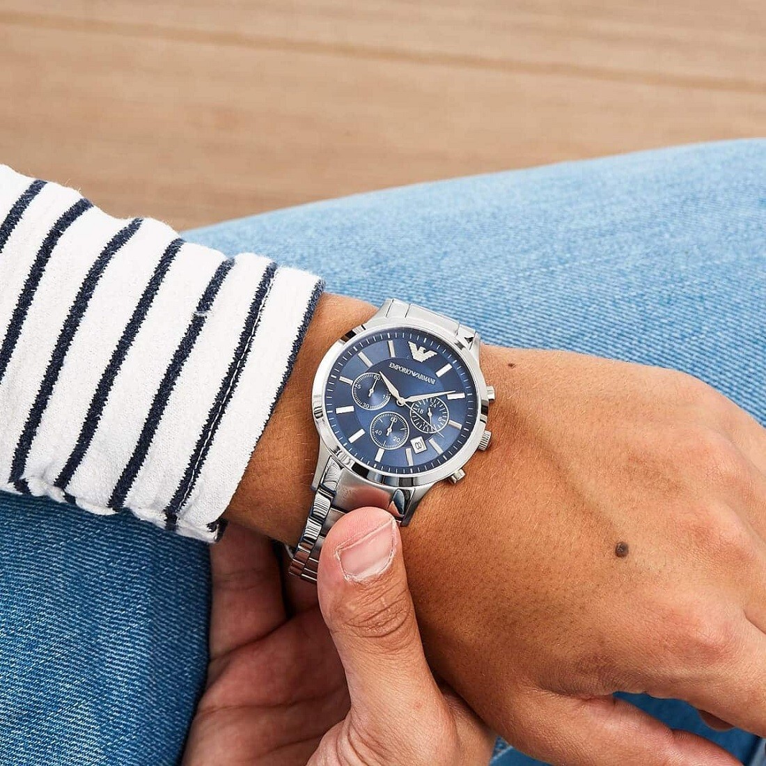 NEW GENUINE EMPORIO ARMANI AR2448 BLUE DIAL STAINLESS STEEL MEN'S