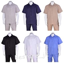 Men's 2pc Casual Walking Suit Linen Short Sleeve Shirt w/ Pants Set 2806