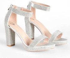 NEW Silver Rhinestone Dress Platform Ankle Strap Chunky Block Heel Sandal Size 8