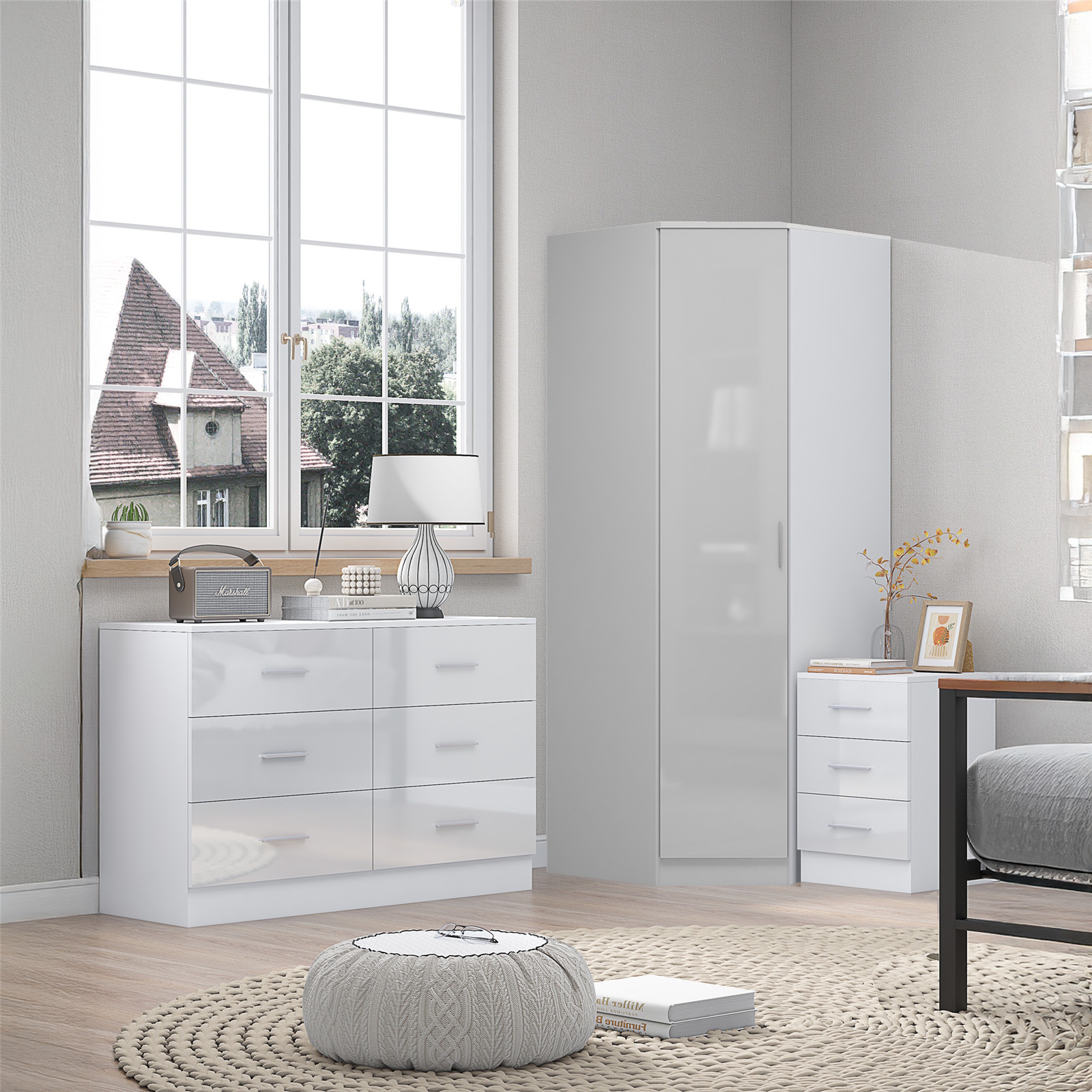 REFLECT Corner + Chest of Drawers + 3 Drawer Bedside - White/White