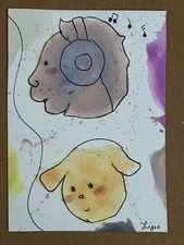 ACEO Original Watercolor Painting Art Man Dog Music Headphones Paint Splatter