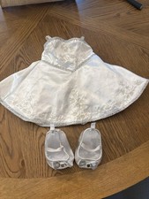 Build A Bear Satin Wedding Dress with silver trim  Silver bow Shoes EXCELLENT