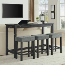 4-Piece Dining Bar Table Set 59 In Kitchen Table and 3 Upholstered Stools Black
