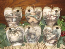 Rustic Christmas Farmhouse 6 Assorted Appliqued Hearts Ornaments Vintage Look