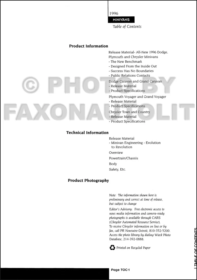 Kit de prensa 1996 con fotos Plymouth Voyager Dodge Caravan Chrysler Town Country Foto 2 de 2