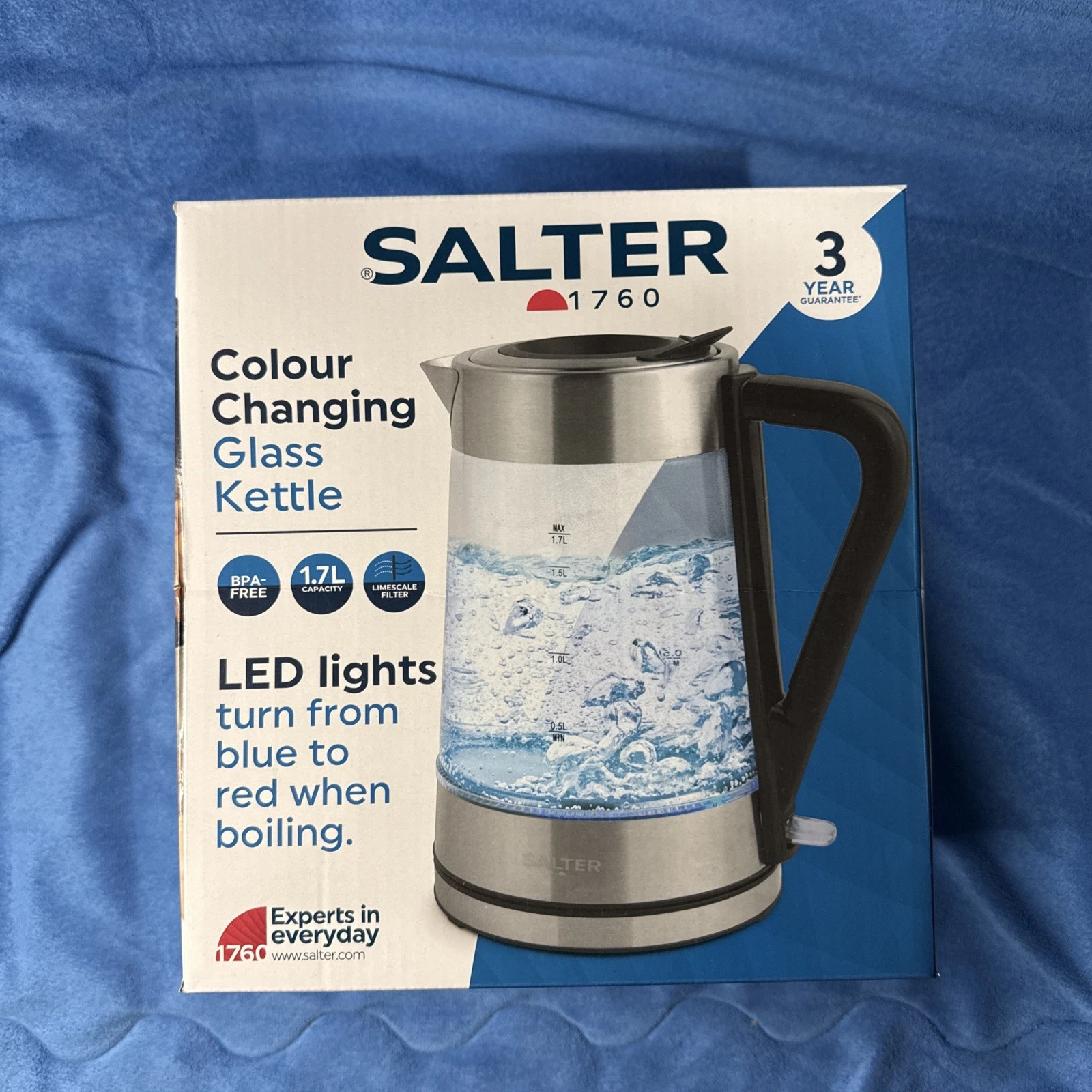 Salter Glass Kettle Cordless Fast Boil Swivel Base Colour Change Lights 1.7L