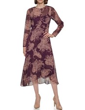 Tommy Hilfiger E2311 Women' Long Sleeve High Neck Chiffon Hi Lo Midi Dress 10