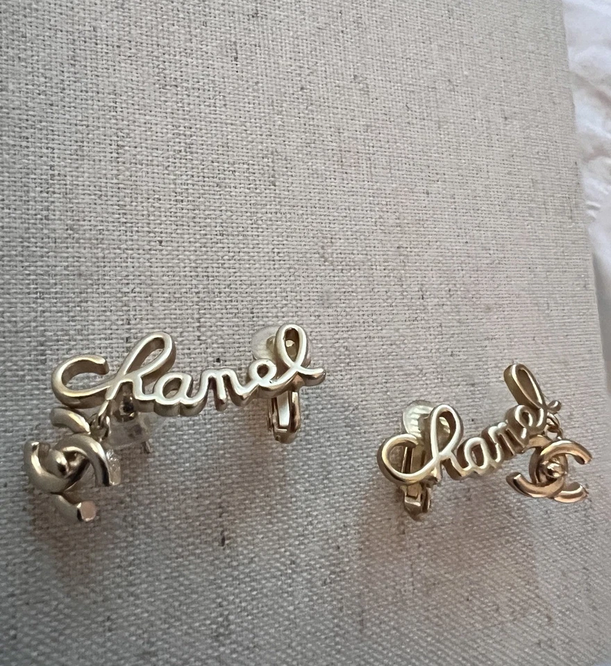 Chanel CC Logo Gold Tone Cursive Ear Crawler Cuff Clip-On Earrings - Image 3 of 4