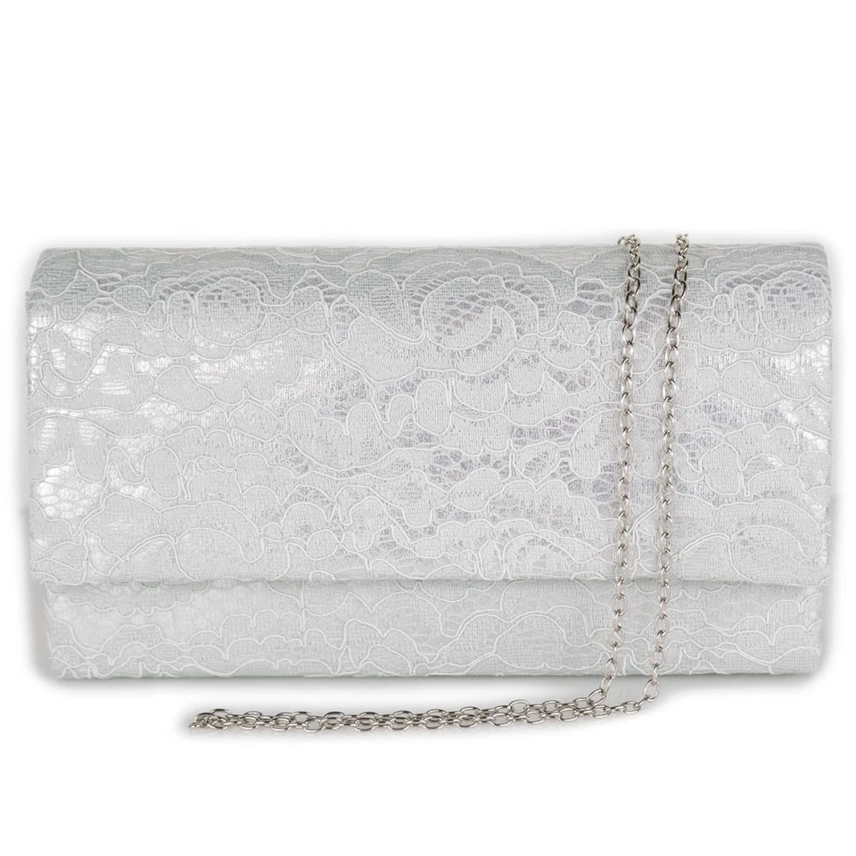 Pochette donna argento cerimonia in pizzo clutch borsa piccola elegante borsetta - Immagine 2 di 2