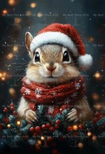 SQUIRREL SANTA HAT ART PRINT, Winter  Holiday Decor, Christmas Portrait E680