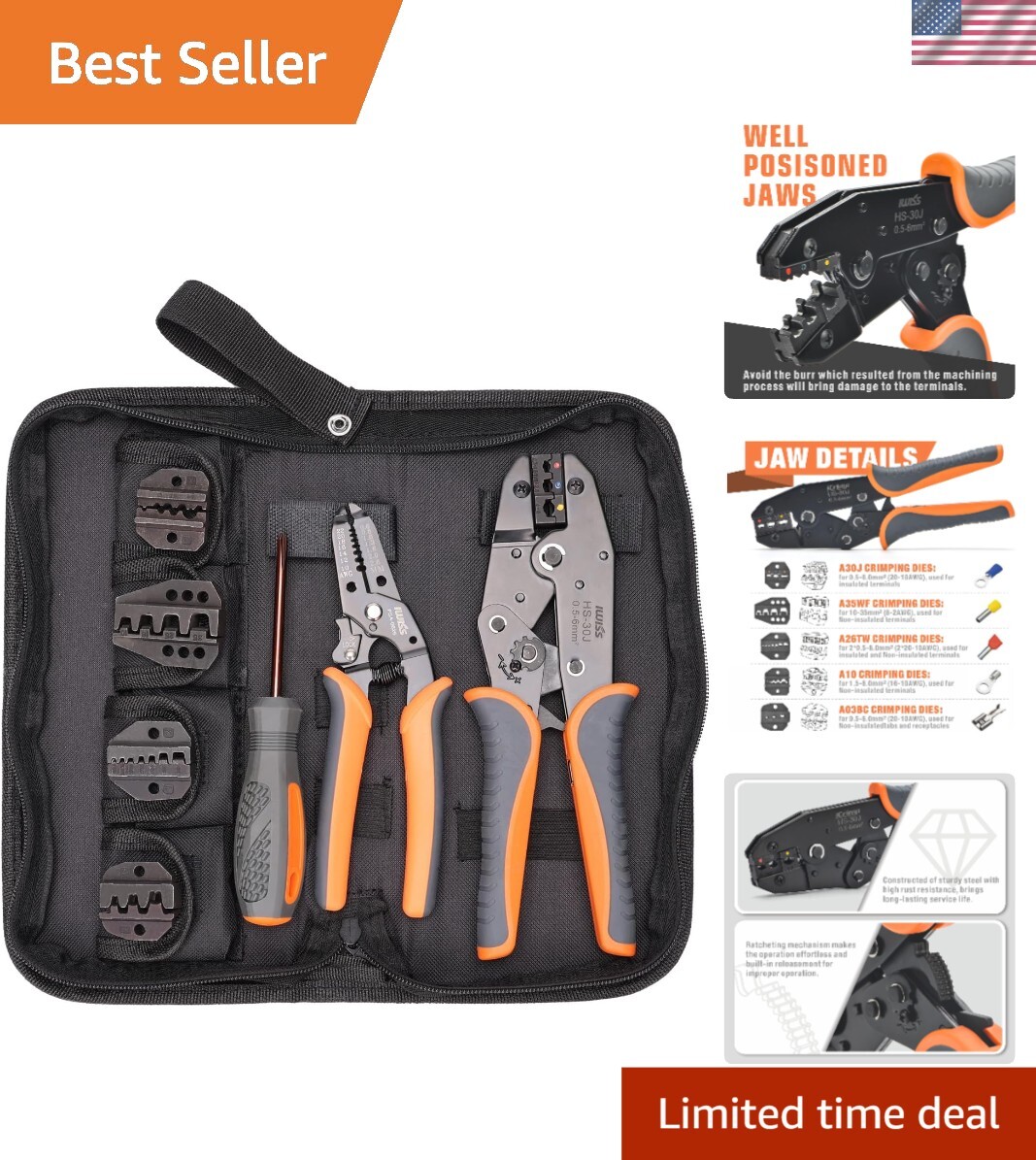 Adjustable Ergonomic Wire Crimping Tool with 5 Jaws & Spring-Loaded Stripper