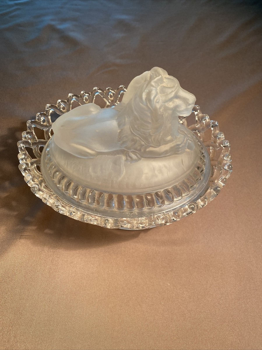 Imperial Glass Company Lion On A Nest Frosted Crystal Candy Dish