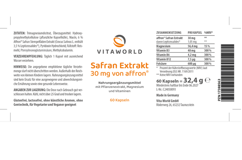 Vita World Safran Extrakt 60 Kaps 100%natürlich Mit Magnesium +B-Vitamine Vegan - Bild 2 von 2