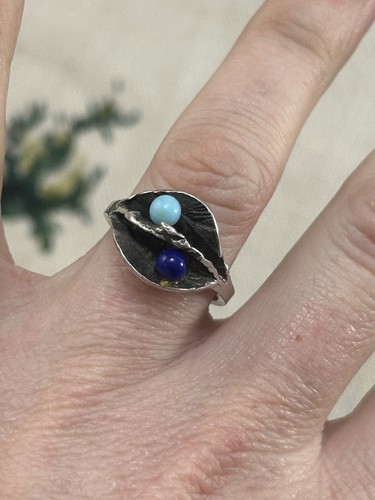 Anillo de plata artesanal vintage años 90 turquesa y lapislázuli talla O 925 - Imagen 12 de 16