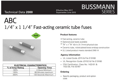 1pcs BUSS ABC 18A 6.3x32mm , Fast-Acting Ceramic Fuse, For Audio - Picture 3 of 3