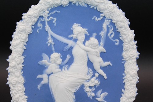 Antique Schäfer & Vater Blue White Jasperware Oval Plaque Maiden & Two Cherubs. - Picture 3 of 12