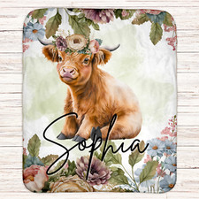 Personalized Baby Fleece Blanket With Name, Custom Highland Cow Newborn Sherpa