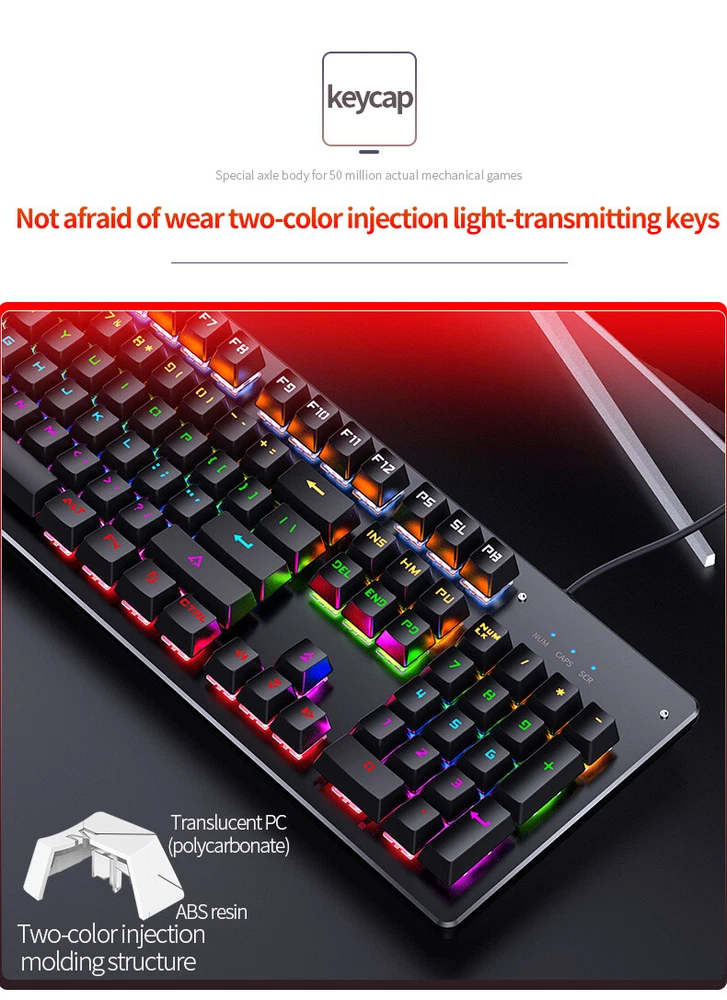104-Key Mechanical Keyboard with Green Axis and Backlit for Office and E-sports Gaming 104-Key Mechanical Keyboard with Green Axis and Backlit for Office and E-sports Gaming
