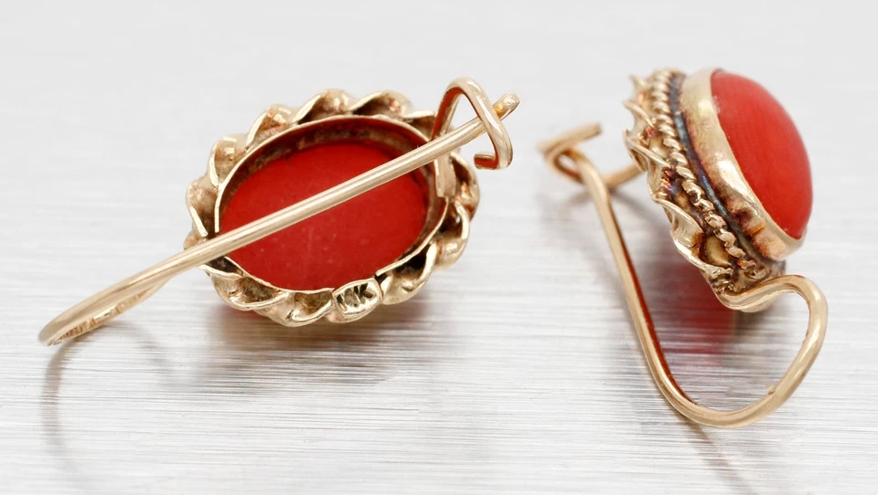 Vintage Red Coral Cabochon Dangle Earrings - 14k Yellow Gold Wireback - Image 4 of 4