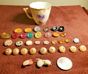 ANTIQUE VICTORIAN ERA BUTTONS, LOT of 35 & PORCELAIN CUP- COLLECTION, CELLULOID
