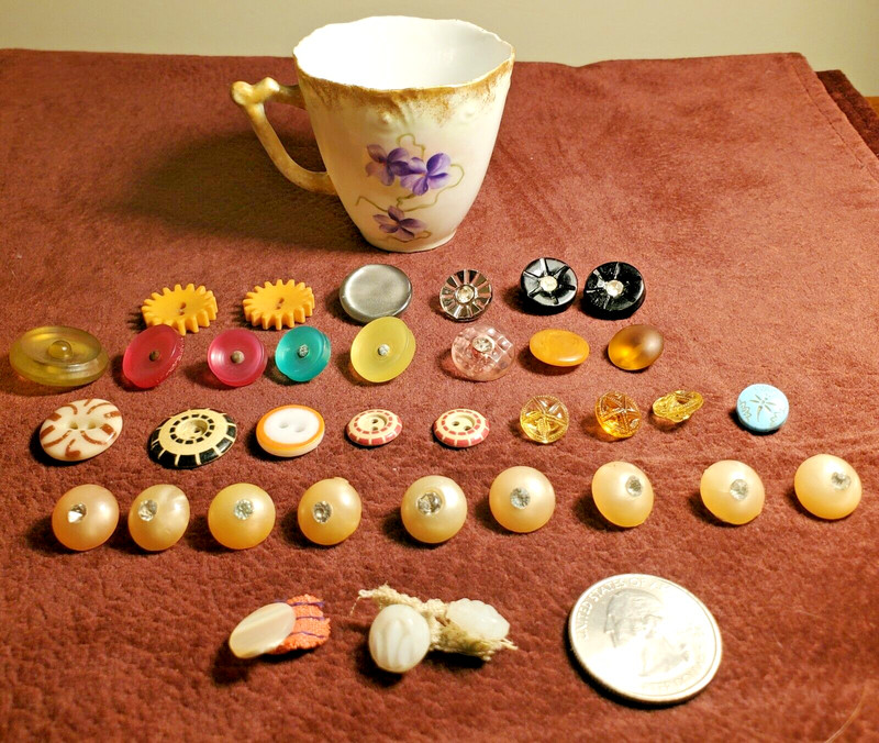 ANTIQUE VICTORIAN ERA BUTTONS, LOT of 35 & PORCELAIN CUP- COLLECTION, CELLULOID