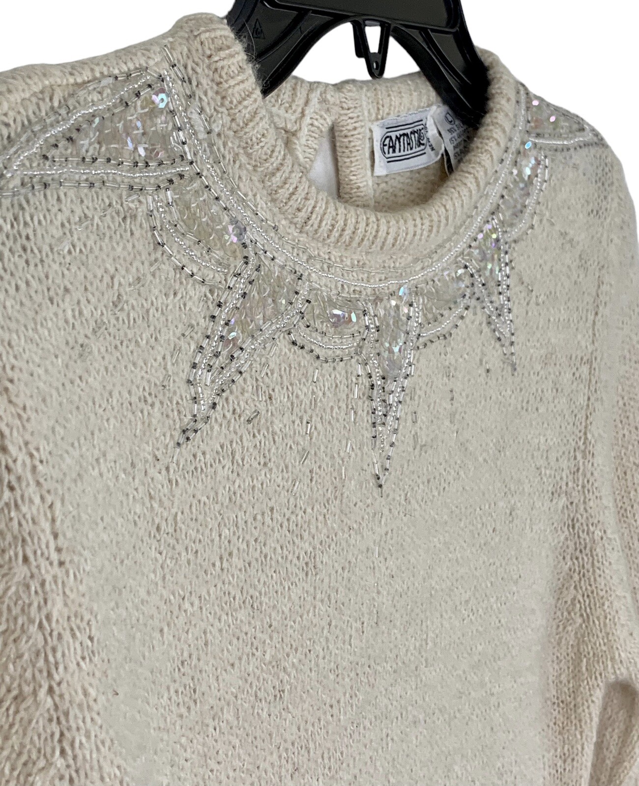 Fantastik Silk & Angora Knit Sweater Sz-S/M Cream Sequins Neckline RARE VTG 80’s