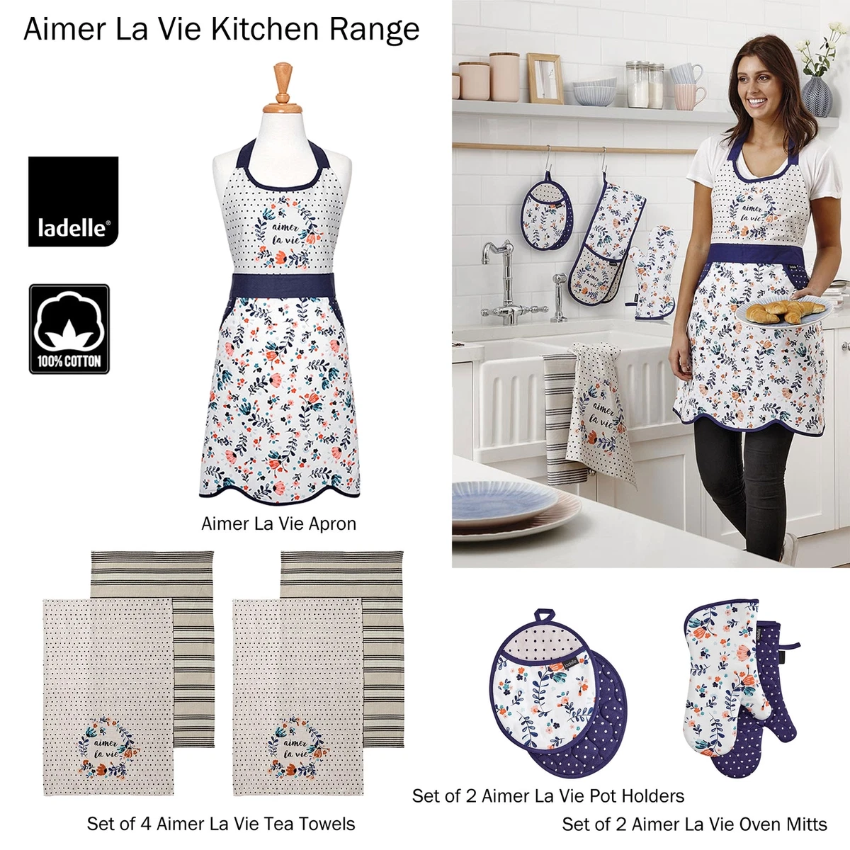 Aimer La Vie Cotton Kitchen Range by Ladelle Apron Mitten Tea