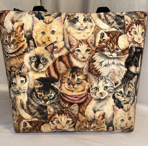 Vintage Cotton Fabric Cat Kitty Pattern Handbag Purse Zipper Closure 8.5x11 READ - Picture 3 of 20