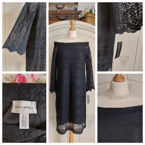 Vestido Donna Morgan Negro Encaje Bardot, Manga Campana Forrado Talla 10 Reino Unido Nuevo con Etiquetas