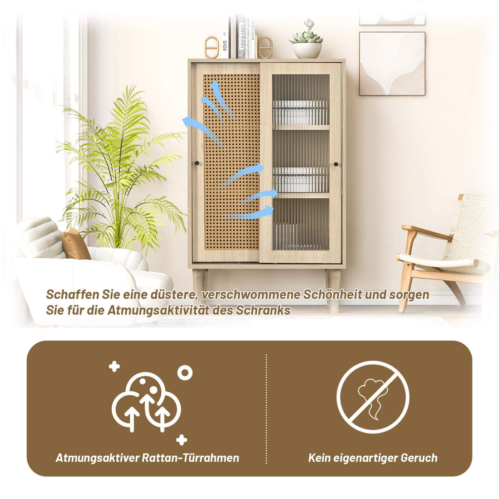 Sideboard Highboard Mit Glastur Rattangeflecht Küchenschrank Anrichte Buffet