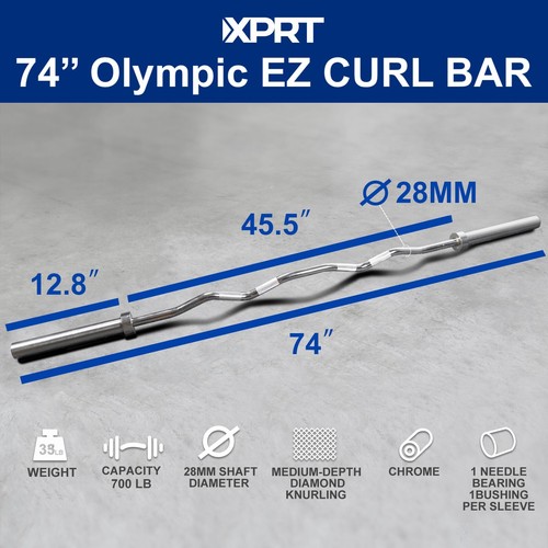 XPRT Fitness 74''  Olympic EZ Curl Barbell Extra Long Shaft Length 45'' - Picture 2 of 4