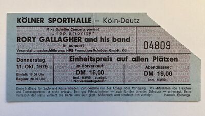 RORY GALLAGHER Original Concert TICKET Oct 11, 1979  Cologne, Germany