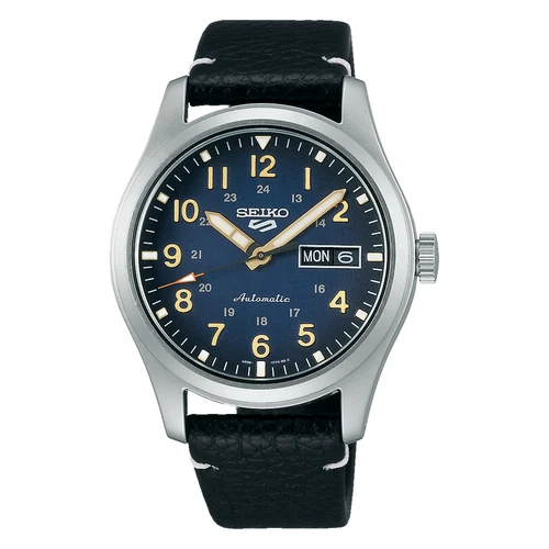 Seiko 5 Sports  Day-Date Automatic 39.4 MM SS Leather Band Blue Watch SRPG39K1