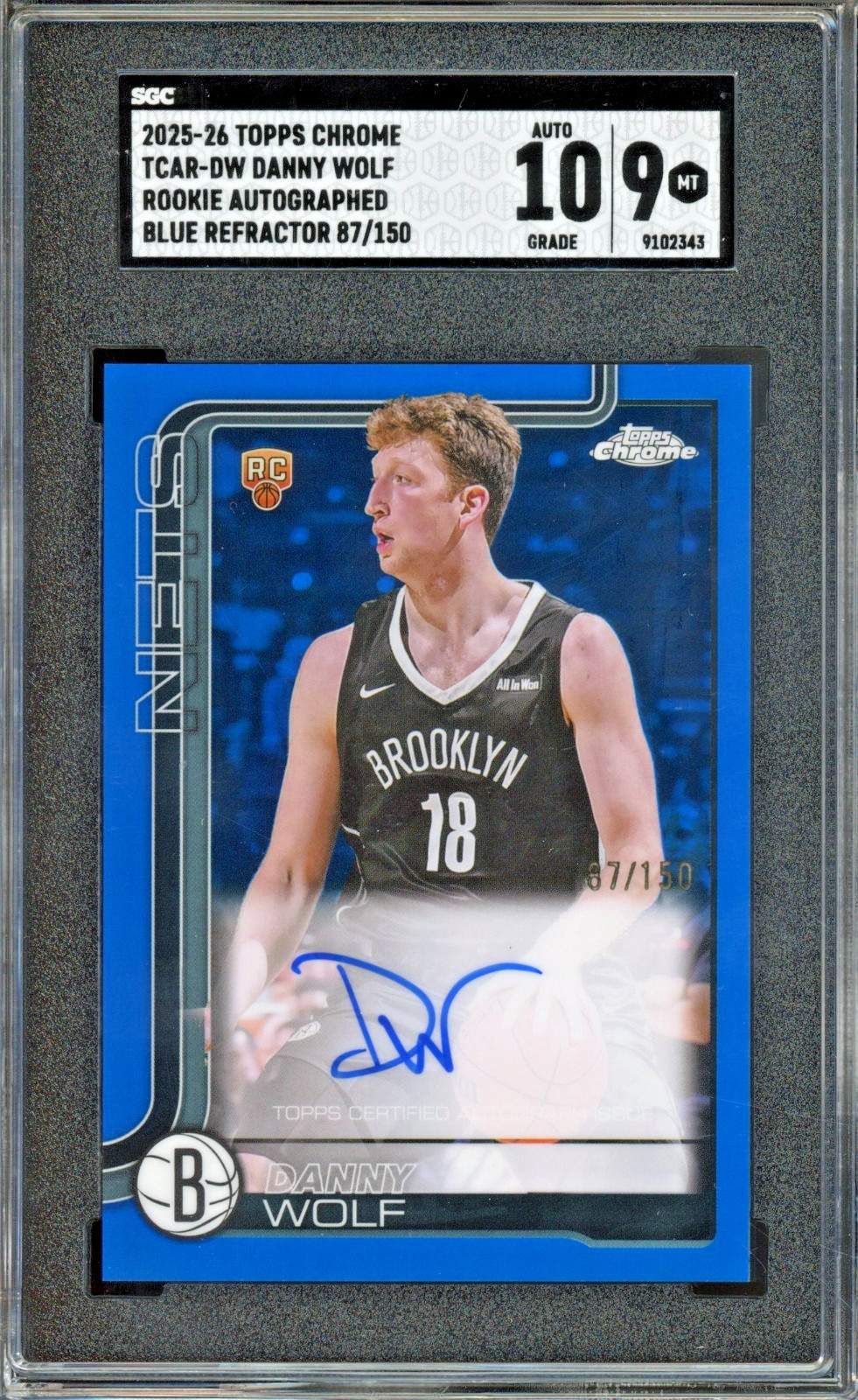 2025-26 Topps Chrome Danny Wolf Blue Refractor Rookie RC Auto /150 Nets SGC 9 10