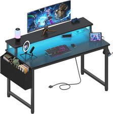 Black Gaming Desk with LED Lights and Power Outlets, 40 Inch Teen Writing Study