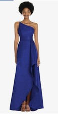 Alfred Sung One-Shoulder Satin Gown With Dropped Front Slit And Pokets Size 10R